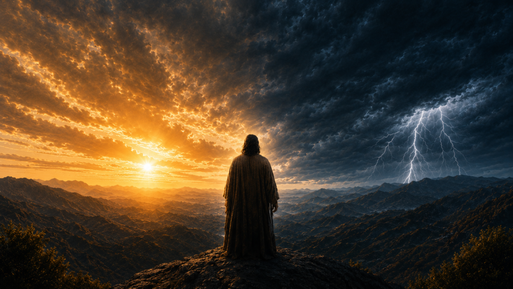 Robed figure of Jesus standing on a mountain peak between sunrise and storm